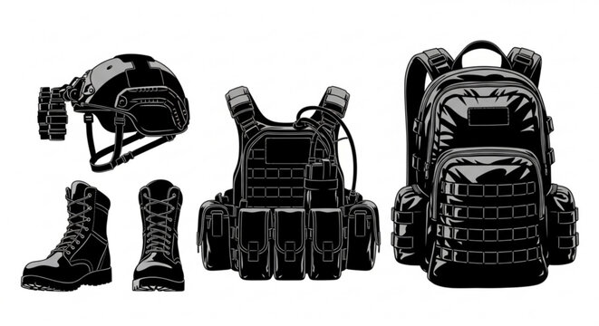 A black and white vector graphic illustration of military gear including a helmet, boots, tactical vest, and backpack.