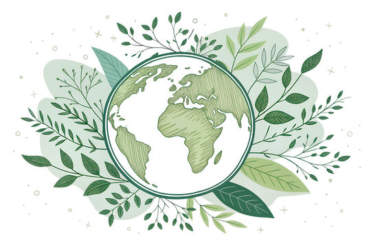 Watercolor world globe with floral frame isolated on transparent background