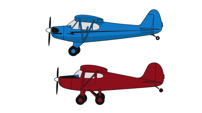 Vintage blue and red propeller airplanes illustration isolated on white background.