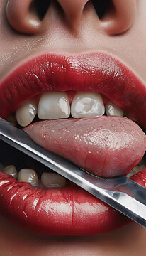 bocca di donna con labbra rosse e denti bianchi lecca la lama affilata di un coltello, woman's mouth with red lips and white teeth licks the sharp blade of a knife
