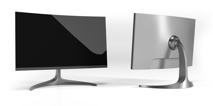 Silver curved widescreen computer monitor with black glossy screen. 3d illustration on white background
