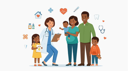 Obraz premium A heartwarming illustration captures a visit to the doctor's office, showing a family consulting with a healthcare professional, with health and wellness elements surrounding them.
