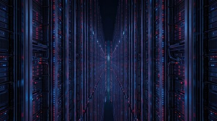 Obraz premium Symmetrical futuristic perspective of a massive dark server room corridor filled with tall hardware racks illuminated by red and blue neon lights. Cloud data storage, network computing.