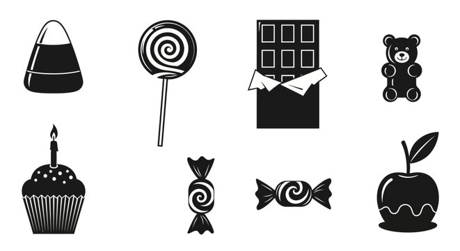 Assortment of sweet treats and candies in black and white silhouette.