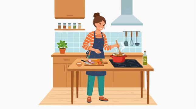 A woman engrossed in culinary arts, adding ingredients in a pan. standing in a bright kitchen, with a warm color scheme.