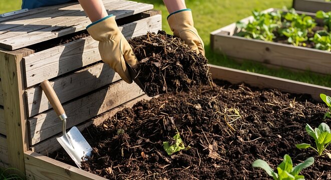 Eco friendly gardening concept with person adding compost to raised bed