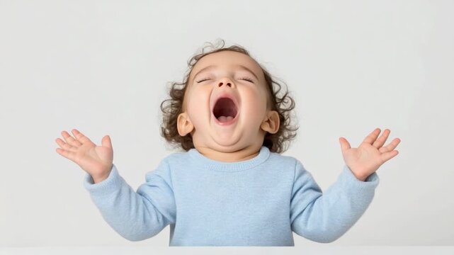Little Yawn: A charming toddler, eyes closed, lets out a big yawn with outstretched arms, expressing pure exhaustion. Capturing the simplicity and openness of a child's emotions