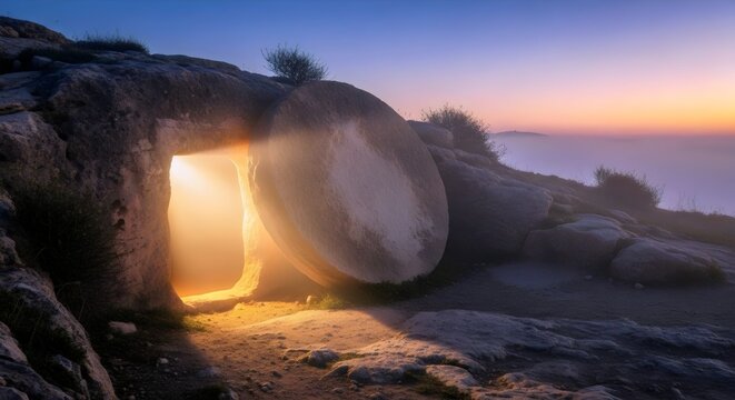 Premium devotional portrait of resurrection empty tomb illuminated by radiant sunrise rays symbolizing eternal life