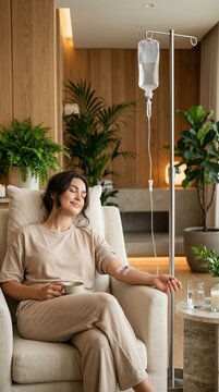 Young smiling woman sitting in a cozy room with green plants holding a cup of tea while receiving a vitamin IV drip. Modern holistic healthcare, healthy wellness lifestyle.