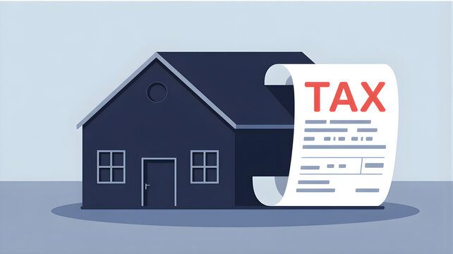 A house with a large tax form in front