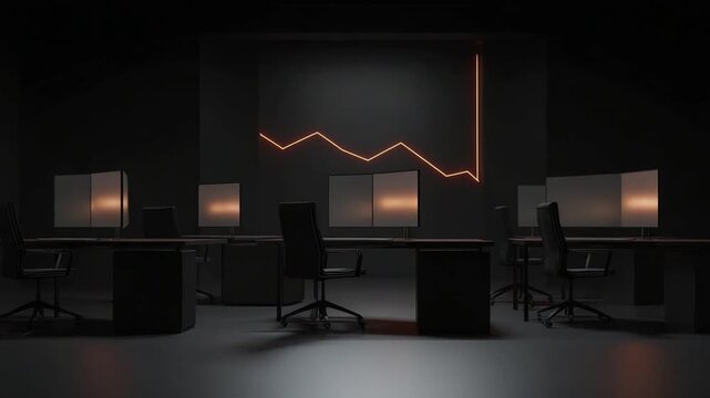 Financial Downturn in Dark Office: A dark, minimalist office scene, where the ominous red line charts the economic downturn, hangs over empty desks.