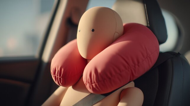 Crash test dummy in car wearing travel pillow and seatbelt, symbolizing road safety, comfort for long journeys, and passenger protection during vehicular transport