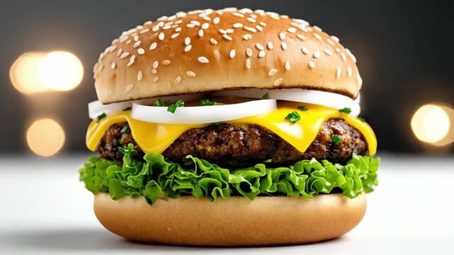 A Classic Burger: A tantalizing shot of a perfect burger, ready to delight your taste buds, with its juicy patty, melting cheese, fresh lettuce, and crisp onion rings.