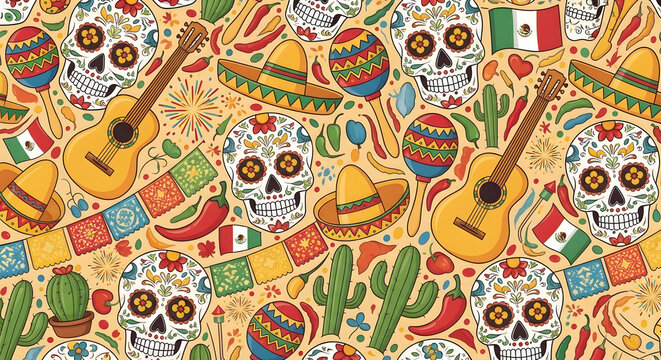 Seamless pattern with sugar skulls guitars sombreros and mexican cultural elements