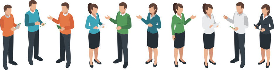 Obraz premium Vector illustration of business professionals in pairs collaborating, discussing ideas, and communicating in workplace settings