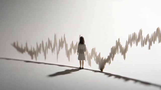 Navigating the Curve of Uncertainty: A solitary figure stands before a dynamic wave pattern, symbolizing the choices, challenges, and prospects.