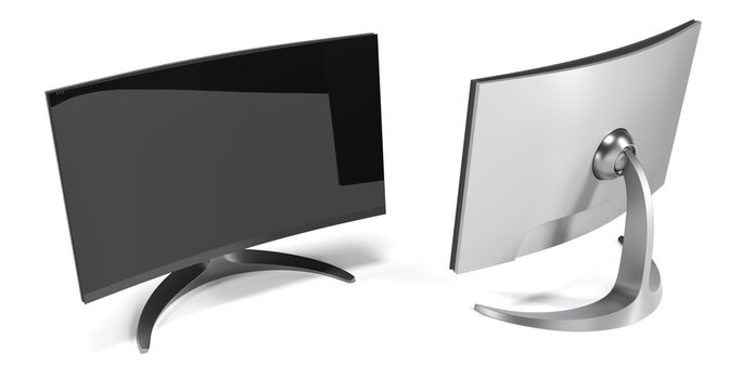 Silver curved widescreen computer monitor with black glossy screen. 3d illustration on white background