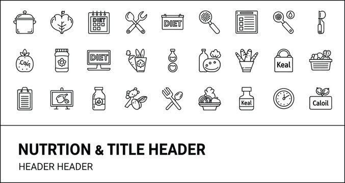Nutrition diet healthy food outline icon set including calories vegetables meal planning kitchen cooking wellness symbols vector collection