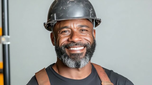 Portrait of a Resilient Professional: A construction worker, wearing a hard hat, embodies the spirit of skill and dedication, with a captivating smile that speaks volumes about his professional pride.