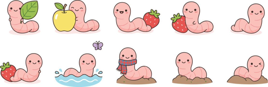 Vector illustration of cute cartoon worms in playful poses with fruits, leaves, scarf, butterfly, and soil scenes