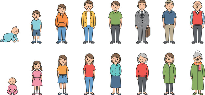 Vector illustration set showing the stages of human life and aging from baby and toddler to adult and senior.