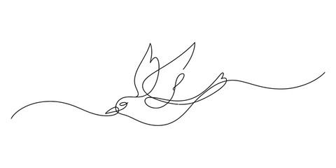 Minimalist continuous line art design featuring a single flying bird on a plain white background Vector, illustration © Ratna Art_Gallery