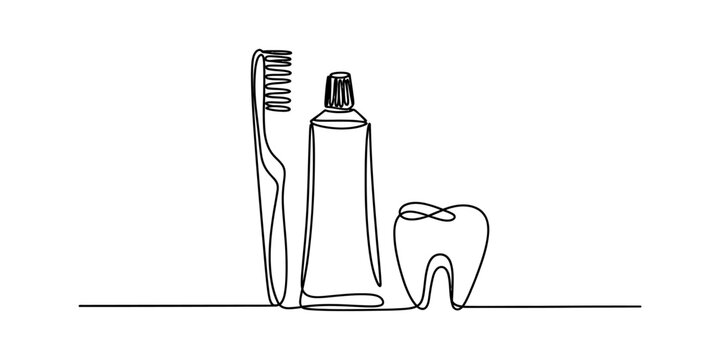 Minimalist continuous line art illustration featuring a toothbrush toothpaste and a human tooth Vector, illustration