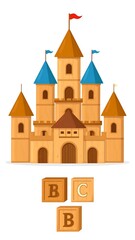 Fototapeta premium A cartoon-style, light brown castle with blue and red flags, and brown turrets. Wooden blocks with the letters 'B', 'C', and 'B' are below