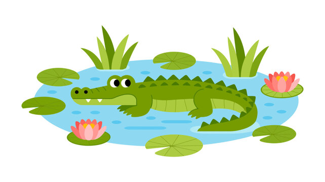 A charming green cartoon alligator smiling happily in a pond with water lilies and lush plants.