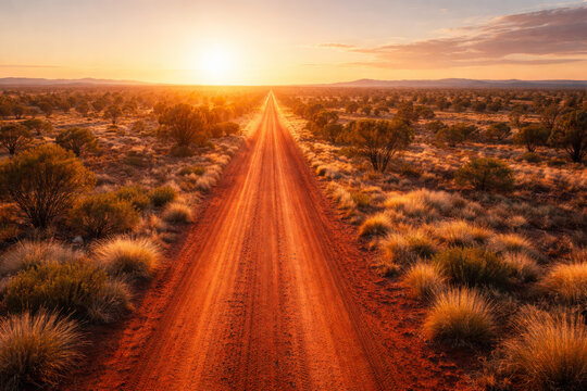 Scenic sunset over a dusty road in the australian outback