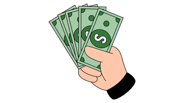 A hand holding a fanned stack of five green dollar bills indicating wealth or payment.