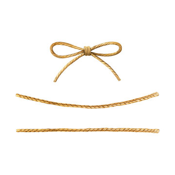 Watercolor set of rope elements: bow and curved cords isolated on white. Ideal for patterns, nautical design, packaging, branding and decorative prints.