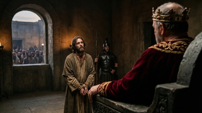 Jesus standing before Herod Antipas in a stone palace hall. The bound prisoner facing the ruler on a throne. Biblical scene depicting the trial of Christ for Easter and faith themes.