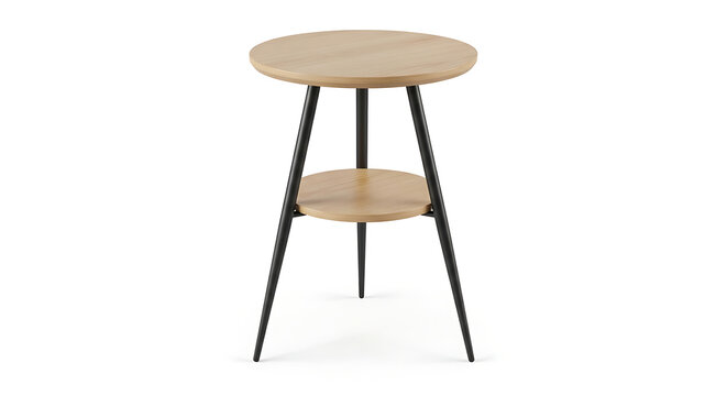 Modern round wooden table with black legs on a white background