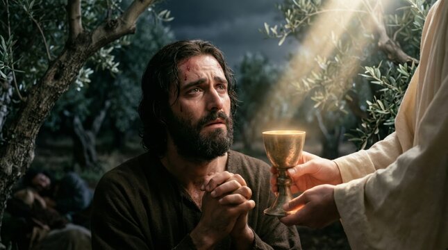 Jesus Christ praying in the garden of Gethsemane. Man clutching hands in agony receiving holy chalice from heaven. Biblical scene of faith, sacrifice, and spiritual suffering at night.