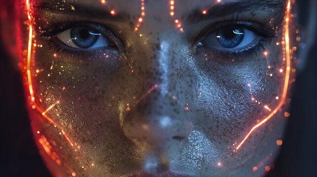 A closeup fantasy art portrait of a young woman with a scary face and dark horror make-up featuring black paint textures and a haunting monster eye look