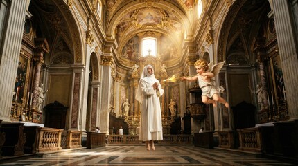 Fototapeta premium Nun levitating in prayer in grand church cathedral while angelic cherub points flaming arrow. Saint Theresa vision of divine fire. Christian religious art and spiritual experience concept.