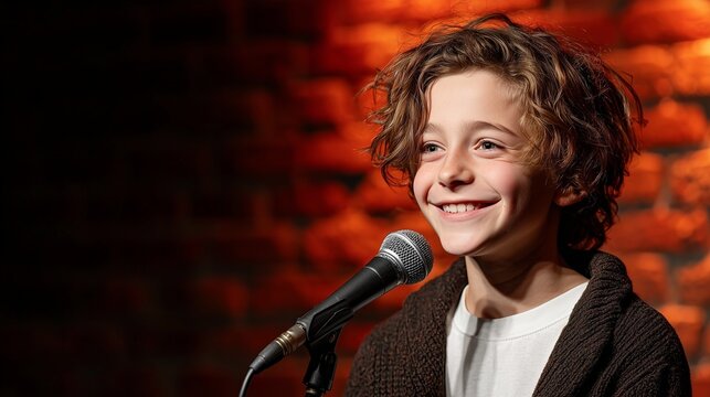 Young boy performing stand-up comedy, holding a microphone and smiling on stage, entertaining an audience with humor against a brick wall backdrop