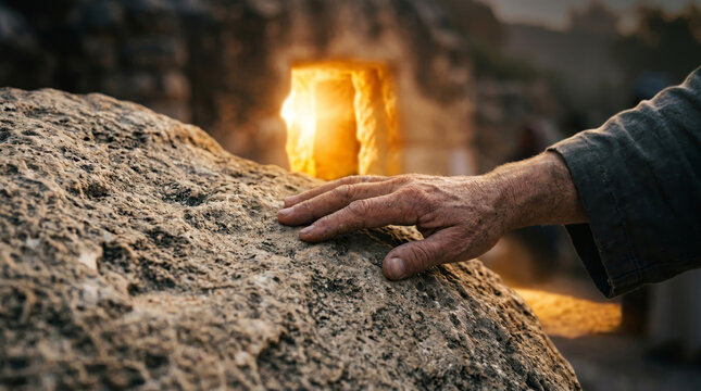 Hand touching stone at empty tomb entrance symbolizing resurrection reality Ascension Day faith reflection hope and biblical encounter moment