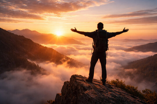 Hiker celebrating sunset view from mountain peak above clouds