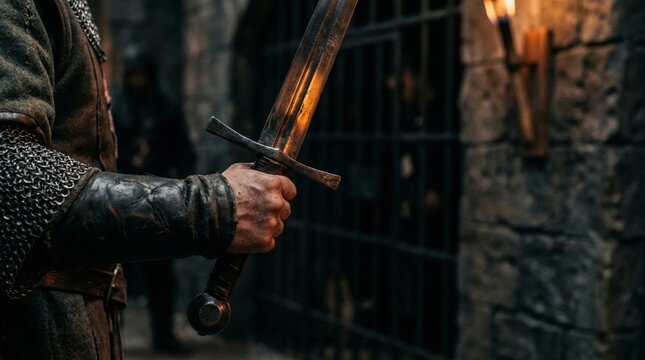 Knight holding hand on hilt of broadsword in dark dungeon. Medieval soldier in chainmail armor defending medieval castle. Historical war fantasy reenactment with brave warrior figure.