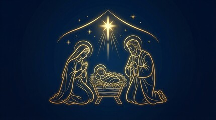 Fototapeta premium Nativity scene with woman Mary and man Joseph kneeling by baby Jesus in manger. Golden line art illustration on blue background. Christian Christmas holiday religious worship concept.
