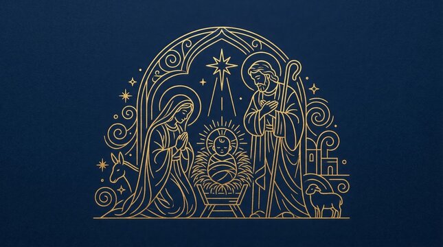 Gold line art nativity scene with mary, joseph and baby jesus. Religious christmas holiday illustration depicting holy family in stable. Christian faith concept for seasonal graphic design.