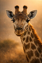 Obraz premium The Giraffe's Gaze: A captivating portrait of a giraffe, its intricate coat and gentle eyes set against a soft, sunlit backdrop. Experience the majesty of the animal kingdom.