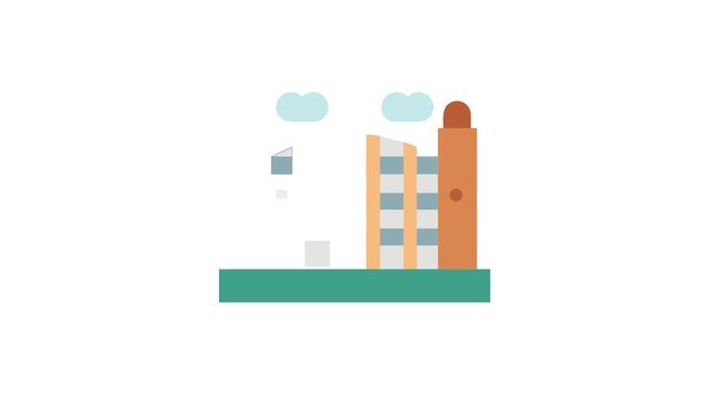 Whimsical building with blue sky in flat design style
