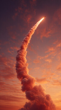 Rocket launching into colorful sunset sky leaving dramatic smoke trail concept of innovation startup growth exploration and technological advancement
