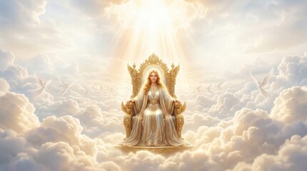 Fototapeta premium Woman as a heavenly queen sitting on a golden throne in the clouds. Religious concept of divine power and glory in heaven. Spiritual depiction of a celestial being in light and peace.