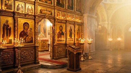 Obraz premium Interior of an orthodox church with gilded iconostasis and burning candles. Religious temple with christian icons. Sacred place for prayer, meditation and worship. Spiritual atmosphere.