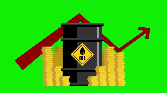 Oil Barrel With Gold Coins and Rising Arrow Showing Profit Growth &ndash; 4K Video Motion Graphics With Chroma Key Green Screen Background