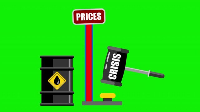 Oil Price Increase Causing Economic Crisis Concept With Barrel and Rising Prices Gauge &ndash; 4K Video Motion Graphics With Chroma Key Green Screen Background